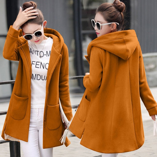 Lovwvol Autumn Winter Women's Fleece Jacket Coats Female Long Hooded Coats Outerwear Warm Thick Female Red Slim Fit Hoodies Jackets