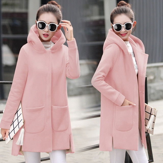 Lovwvol Autumn Winter Women's Fleece Jacket Coats Female Long Hooded Coats Outerwear Warm Thick Female Red Slim Fit Hoodies Jackets