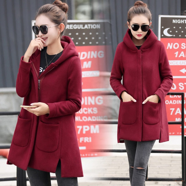 Lovwvol Autumn Winter Women's Fleece Jacket Coats Female Long Hooded Coats Outerwear Warm Thick Female Red Slim Fit Hoodies Jackets