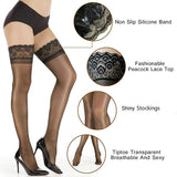 Lovwvol Non Slip Silicone Stocking Women's Fashionable Peacock Lace Top Shiny Stockings Tiptoe Transparent Breathable and Sexy Hosiery