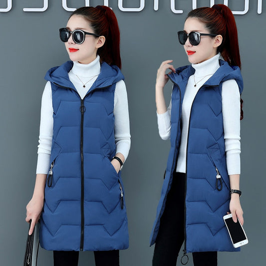 Lovwvol Fashion New Autumn Winter Long Cotton Vest Women Jacket Korean Hooded Sleeveless Coat Plus Size Slim Warm Ladies Waistcoat 3XL