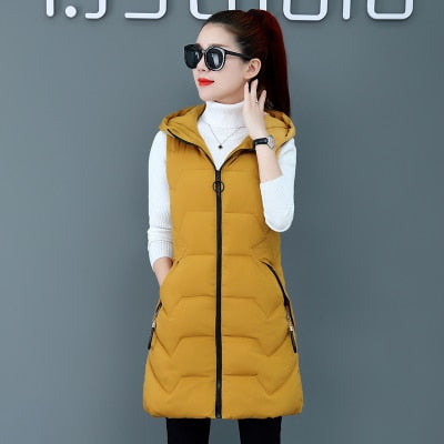 Lovwvol Fashion New Autumn Winter Long Cotton Vest Women Jacket Korean Hooded Sleeveless Coat Plus Size Slim Warm Ladies Waistcoat 3XL