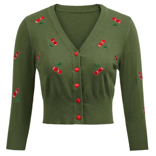 Lovwvol Women Vintage Jackets Cardigans  Autumn Spring Womens Cherries Embroidery 3/4 Sleeve V-Neck Cropped Knitting Coat Knitwear