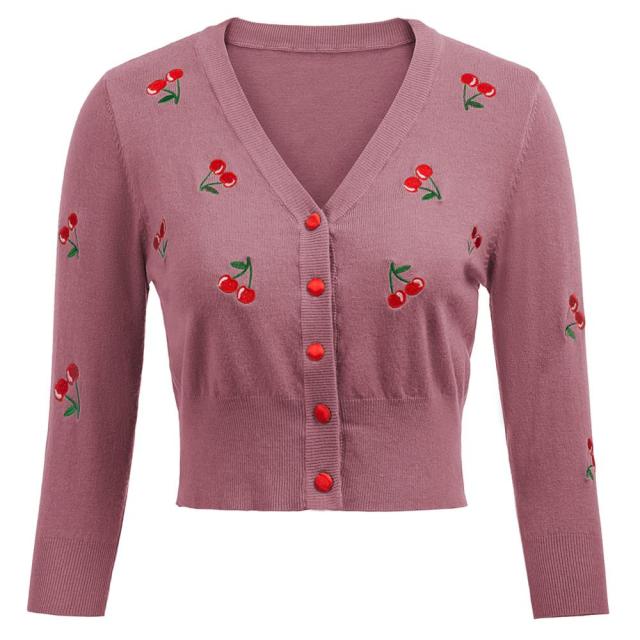 Lovwvol Women Vintage Jackets Cardigans  Autumn Spring Womens Cherries Embroidery 3/4 Sleeve V-Neck Cropped Knitting Coat Knitwear