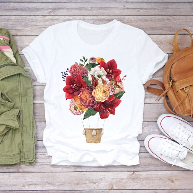 Women Summer Short Sleeve Floral Flower Fashion Lady T-shirts Top T Shirt Ladies Womens Graphic Female Tee T-Shirt
