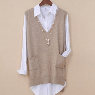 Women's Spring Autumn Cashmere Knitted Vest Both Sides Split Loose Sweater  Waistcoat Female Pullover Sleeveless Tops