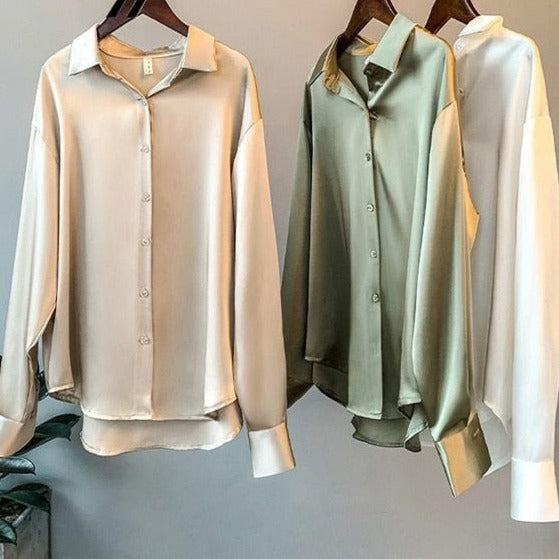 High Quality Elegant Imitation Silk Blouse Spring Women Fashion Long Sleeves Satin Blouse Vintage Femme Stand Street Shirts