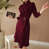 Lovwvol Hnewly New Arrival Autumn Women Elegant Button Stand neck Belted Long Sleeve Work Business Party black wine red Split Dress Vestidos Retro Outfits