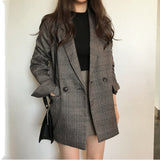 Lovwvol New Winter Spring Women's Blazers Plaid Double Breasted Pockets Formal Jackets Checkered Outerwear Tops