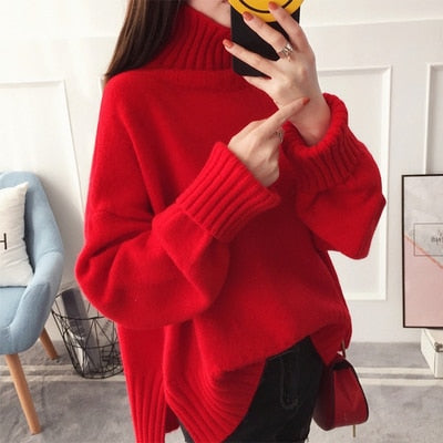 Lovwvol Christmas Party Outfits Fashion Thick High Collar Red Pink Knitted Sweater Women Tops Autumn Winter Loose 3 Color Knit Turtleneck Pullover Ladies Jumper