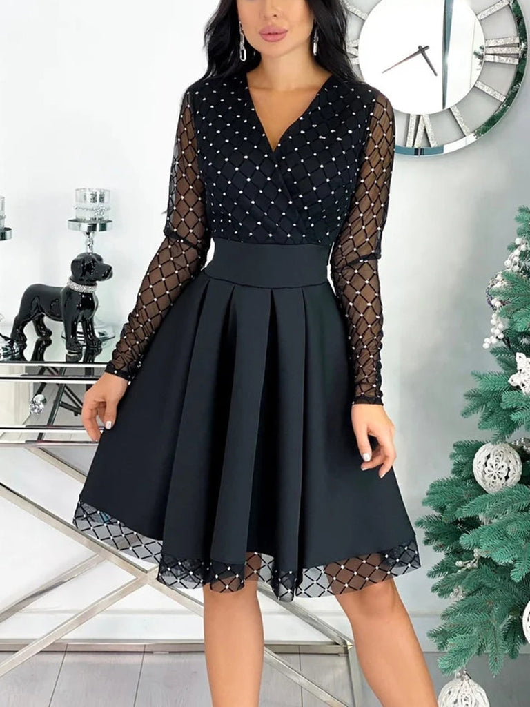 Lovwvol Fashion Shiny Sequin Diamond Mesh Stitching Dress Women Spring Autumn Sheer Long Sleeve Belted Slim A Line Dresses Spring Outfits Trends