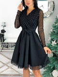 Lovwvol Fashion Shiny Sequin Diamond Mesh Stitching Dress Women Spring Autumn Sheer Long Sleeve Belted Slim A Line Dresses Spring Outfits Trends
