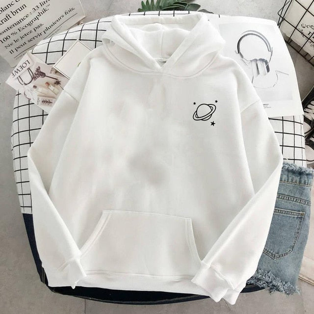 Velvet Winter Women's Cute Saturn Printing Hooded Female Thicken Warm Hoodies Lady Autumn Tops Sweatshirts