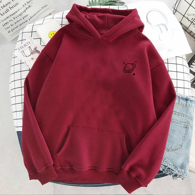 Velvet Winter Women's Cute Saturn Printing Hooded Female Thicken Warm Hoodies Lady Autumn Tops Sweatshirts