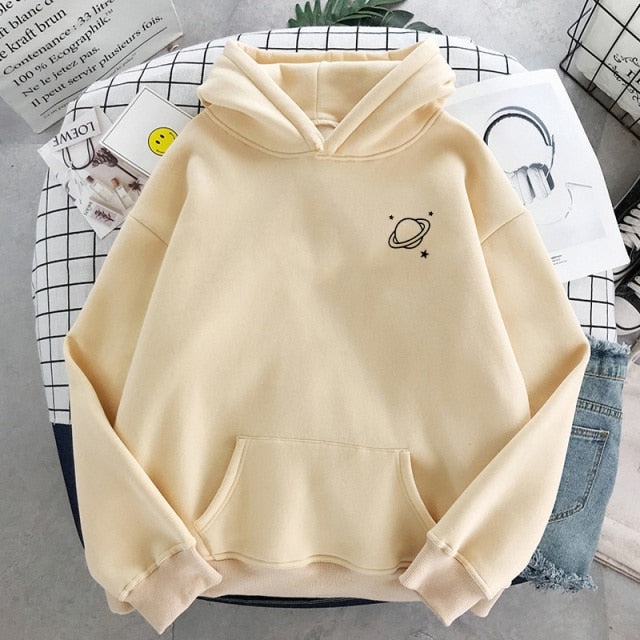 Velvet Winter Women's Cute Saturn Printing Hooded Female Thicken Warm Hoodies Lady Autumn Tops Sweatshirts