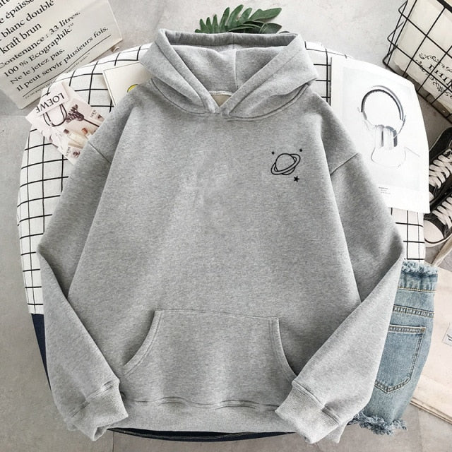 Velvet Winter Women's Cute Saturn Printing Hooded Female Thicken Warm Hoodies Lady Autumn Tops Sweatshirts