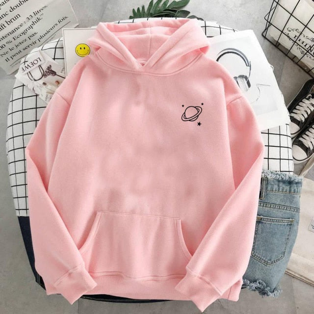 Velvet Winter Women's Cute Saturn Printing Hooded Female Thicken Warm Hoodies Lady Autumn Tops Sweatshirts