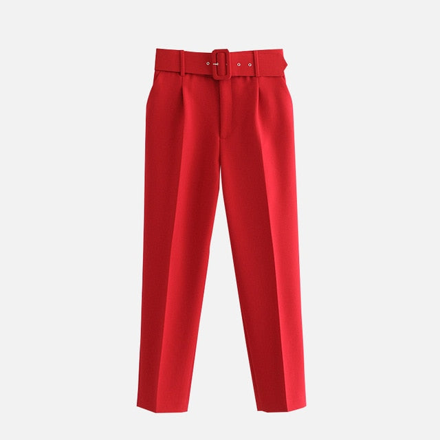 Women's Pants High Waist With Belt Classic Pockets Office Lady Ankle-length Trousers Female Spring Fashion Pink Harem Pants