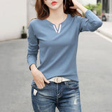 V Neck 100% Cotton T Shirt Woman Spring Fashion Long Sleeve Shirt Women's T-shirt Loose Korean Style Plus Size Women Shirts