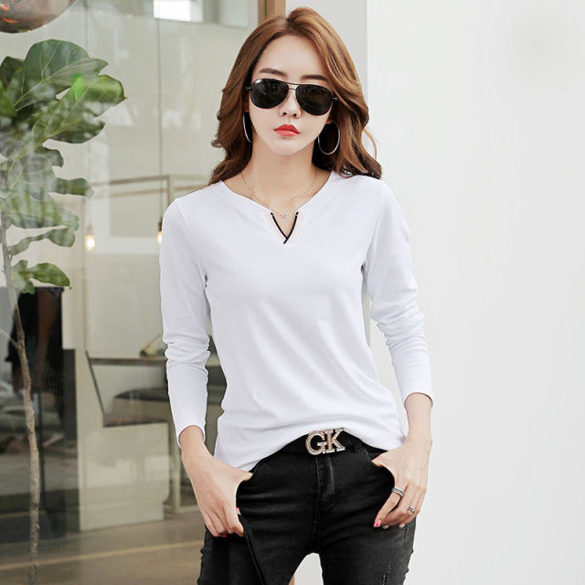 V Neck 100% Cotton T Shirt Woman Spring Fashion Long Sleeve Shirt Women's T-shirt Loose Korean Style Plus Size Women Shirts