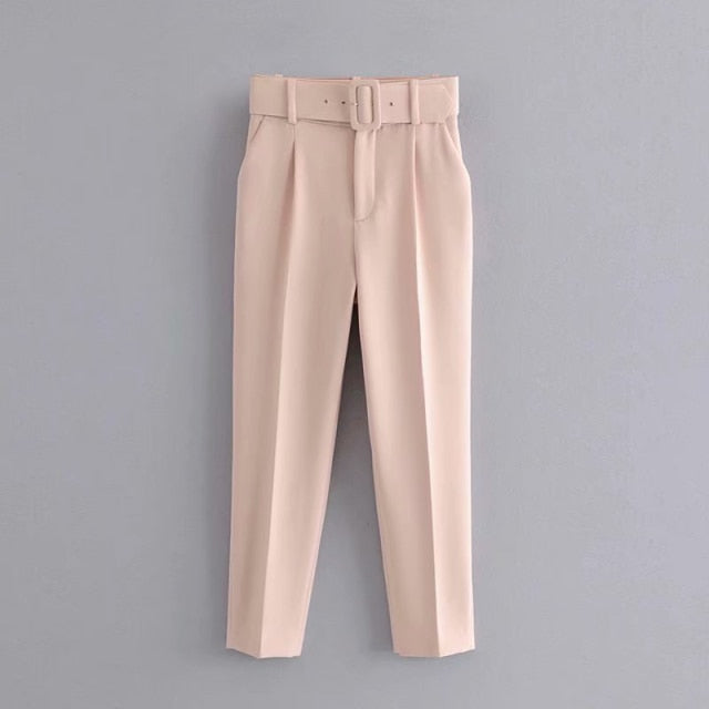 Women's Pants High Waist With Belt Classic Pockets Office Lady Ankle-length Trousers Female Spring Fashion Pink Harem Pants