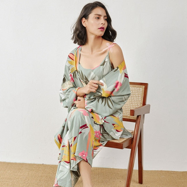 July‘s Song 3 Pcs Women Pajamas Set Viscose Floral Printed Female Pyjama Loose Sleepwear Nightwear Spring Summer Lounge Wear