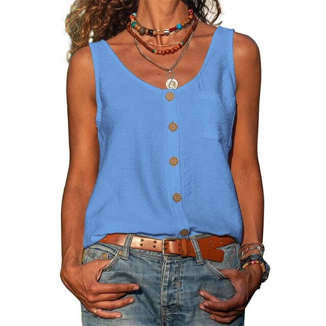 Summer New Solid Color V-neck Vest Button Sleeveless Pocket Tank Top Office Lady Commuter T-shirt Off Shoulder Simple Blouse