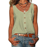 Summer New Solid Color V-neck Vest Button Sleeveless Pocket Tank Top Office Lady Commuter T-shirt Off Shoulder Simple Blouse