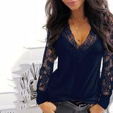 Casual V-neck Lace Long Sleeve T-shirt for Women Spring Winter Clothes Y2K Sexy Solid Color Black Tee Shirt Office Lady Top