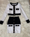 Ailigou New Aummer 2 Piece Suit Patchwork Black White O-Neck Long Sleeve Pocket Button Button Mini Hip Skirt Female Set