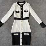 Ailigou New Aummer 2 Piece Suit Patchwork Black White O-Neck Long Sleeve Pocket Button Button Mini Hip Skirt Female Set