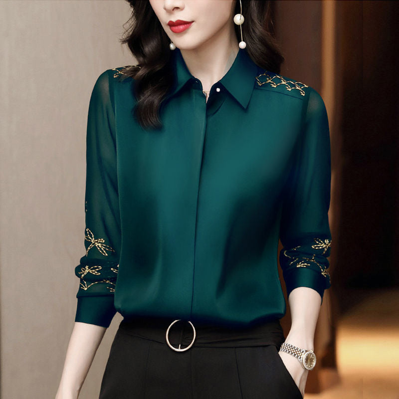 Lovwvol Women Spring Autumn Style Chiffon Blouses Shirts Lady Embroidery Long Sleeve Turn-down Collar Lace Decor Blusas Tops