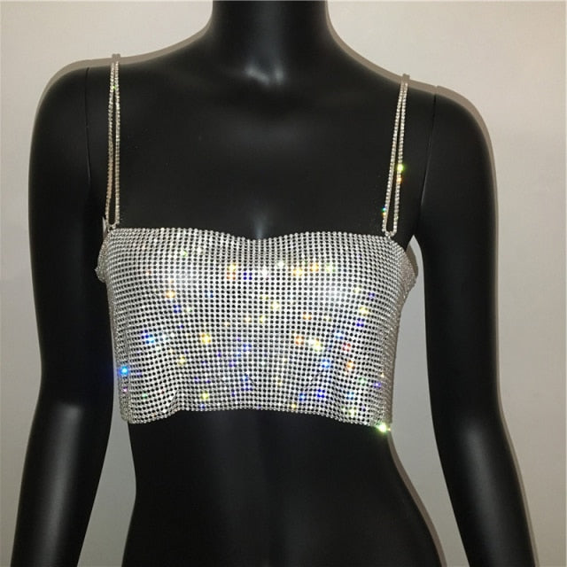 Summer Shiny Crystal Chain Tank Top Silver Metal Mesh Halter Metallic Strap Crop Tops Vest Party Clubwear Outfits