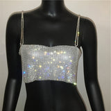Summer Shiny Crystal Chain Tank Top Silver Metal Mesh Halter Metallic Strap Crop Tops Vest Party Clubwear Outfits