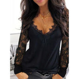 Casual V-neck Lace Long Sleeve T-shirt for Women Spring Winter Clothes Y2K Sexy Solid Color Black Tee Shirt Office Lady Top