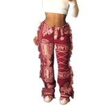 Side Tassels Patchwork Striped Print Jogger Pant Women Rave Festival Clothing Fashion Casual High Waist Bodycon Sweat Pants