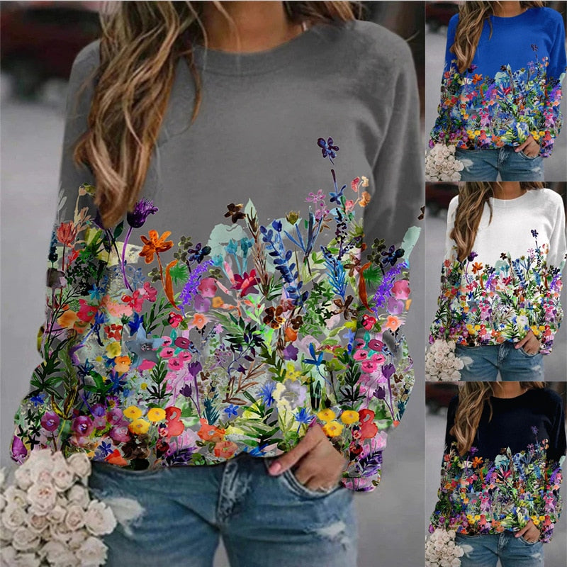 Autumn and Winter Women's Flower Print Top Loose Long-sleeved Round Neck Sweater Women's Casual Pullover All-match T-shirt Ugly Christmas Sweater