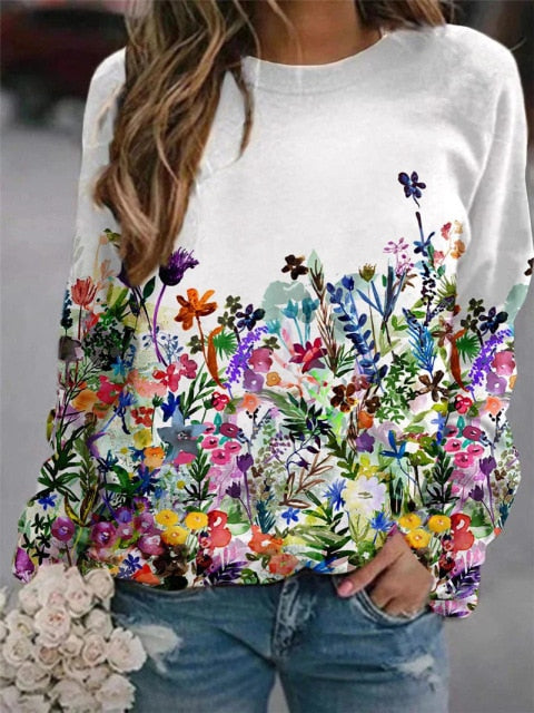 Autumn and Winter Women's Flower Print Top Loose Long-sleeved Round Neck Sweater Women's Casual Pullover All-match T-shirt Ugly Christmas Sweater
