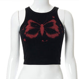 lovwvol Y2K Aesthetics Kawaii Butterfly Print Brown Crop Tops Indie Streetwear O-neck Sleeveless Tanks 90s Fashion Party Vests