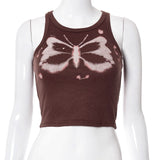lovwvol Y2K Aesthetics Kawaii Butterfly Print Brown Crop Tops Indie Streetwear O-neck Sleeveless Tanks 90s Fashion Party Vests