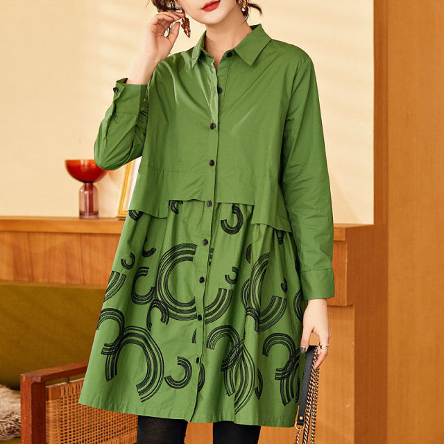 women Trench Coat Embroidered Shirt Tops Spring Autumn New Coat Long-Sleeved Loose Mid-Length Large Size Outerwear Female