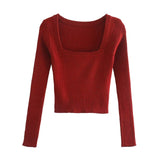 Lovwvol Christmas Party Outfits  Vintage Square Neck Women Sweater Red Long Sleeve Female knitted sweater Elasticity ladies pullover jumper