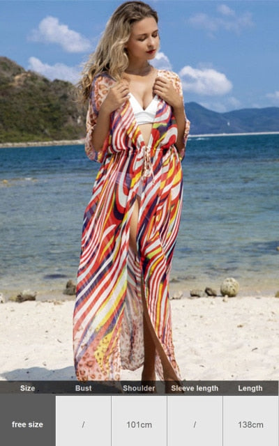 Zebra Snake Print Chiffon Beach Cover Up Tunics For Beach Long Kaftan Beachwear Boho Chic Hippie Beach Strandjurk Sundress
