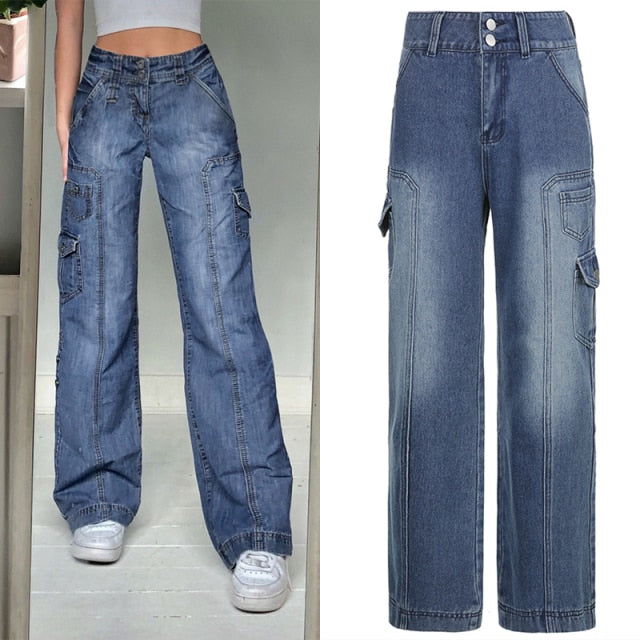 Waatfaak Harajuku Pockets Patchwork Cargo Jeans Y2K Dark Blue High Waist Streetwear 90S Baggy Jeans Women Pants Straight Leg