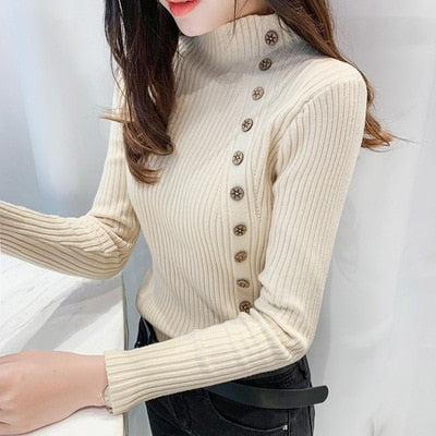 Lovwvol Autumn Ribbed Button Women Sweater Pullovers Cotton Long Sleeve Turtleneck Pullovers Jumpers Spring Soft Comfortable Basic Tops