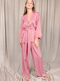 Solid Color Sleepwear Loose Flare Home Pants Three Quarter Sleeve Satin Robe Sets Bathrobe For Women Pajama Fashion Spring