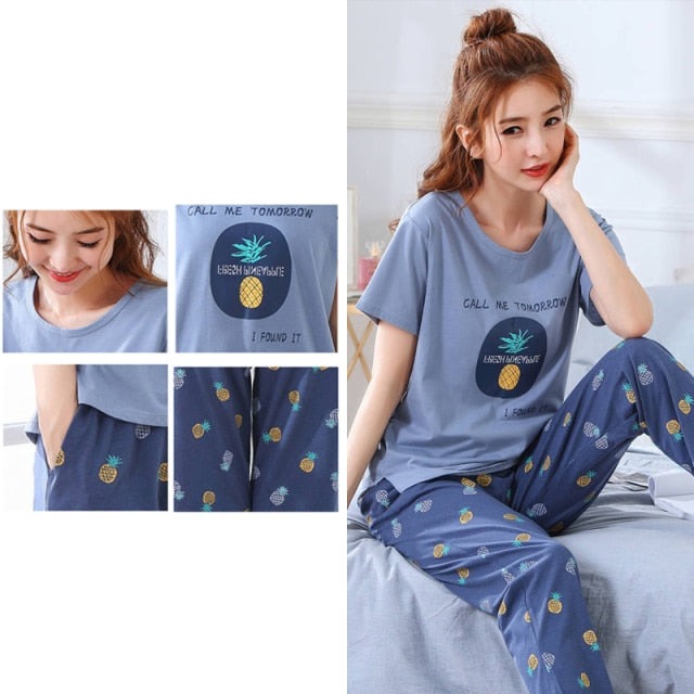 Lovwvol New Sleepwear Cartoon Cotton Pajamas for Women Long Pants Short Sleeved Summer Spring Loungewear  Fashion Home Clothing Homewear