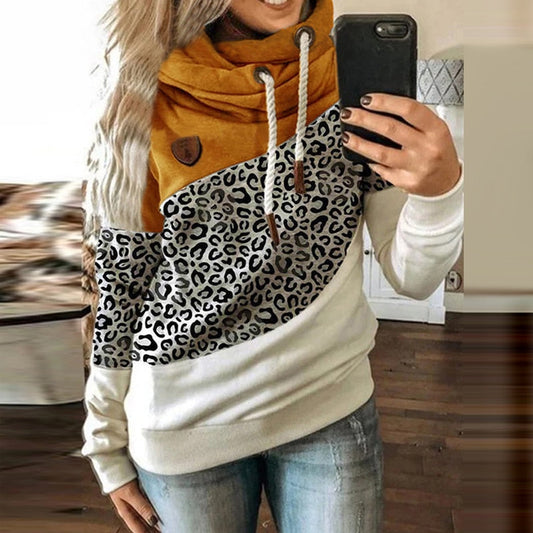 Lovwvol Women Leopard Patchwork Hooded Sweatshirt Autumn Winter Turtleneck Warm Long Sleeve Printed Hoodies Female Drawstring Pullovers