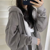 Women Korean Style Hoodies Zip-up Harajuku Oversized Solid Pocket Hooded Sweatshirts Autumn Long Sleeve Loose Baseball Jacket