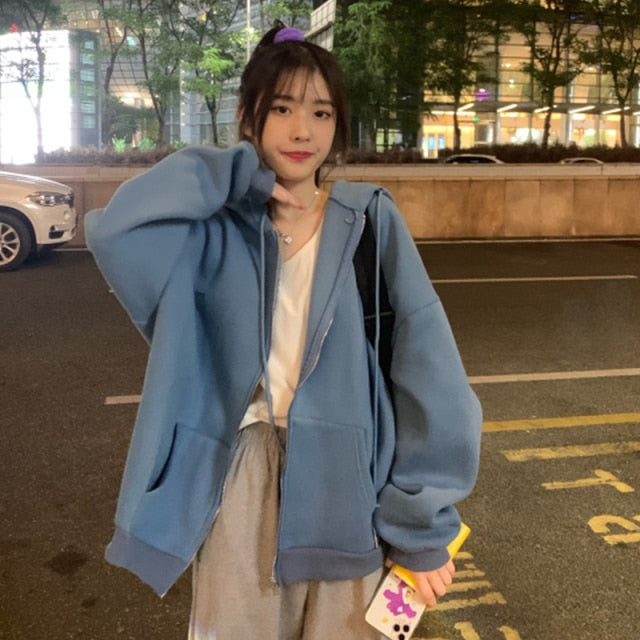 Women Korean Style Hoodies Zip-up Harajuku Oversized Solid Pocket Hooded Sweatshirts Autumn Long Sleeve Loose Baseball Jacket